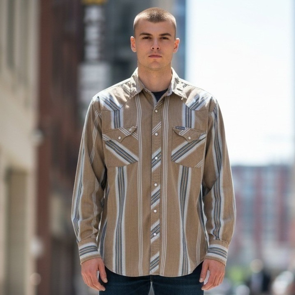 Dickies Mens XLT Brown Striped Western Pearl Snap Long Sleeve Work Shirt